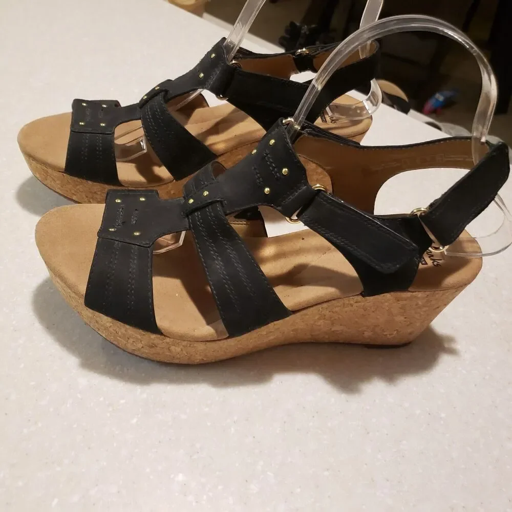 Clarks Annadel Pearl Black Nubuck Leather Wedge Sandals Womens Size 9.5